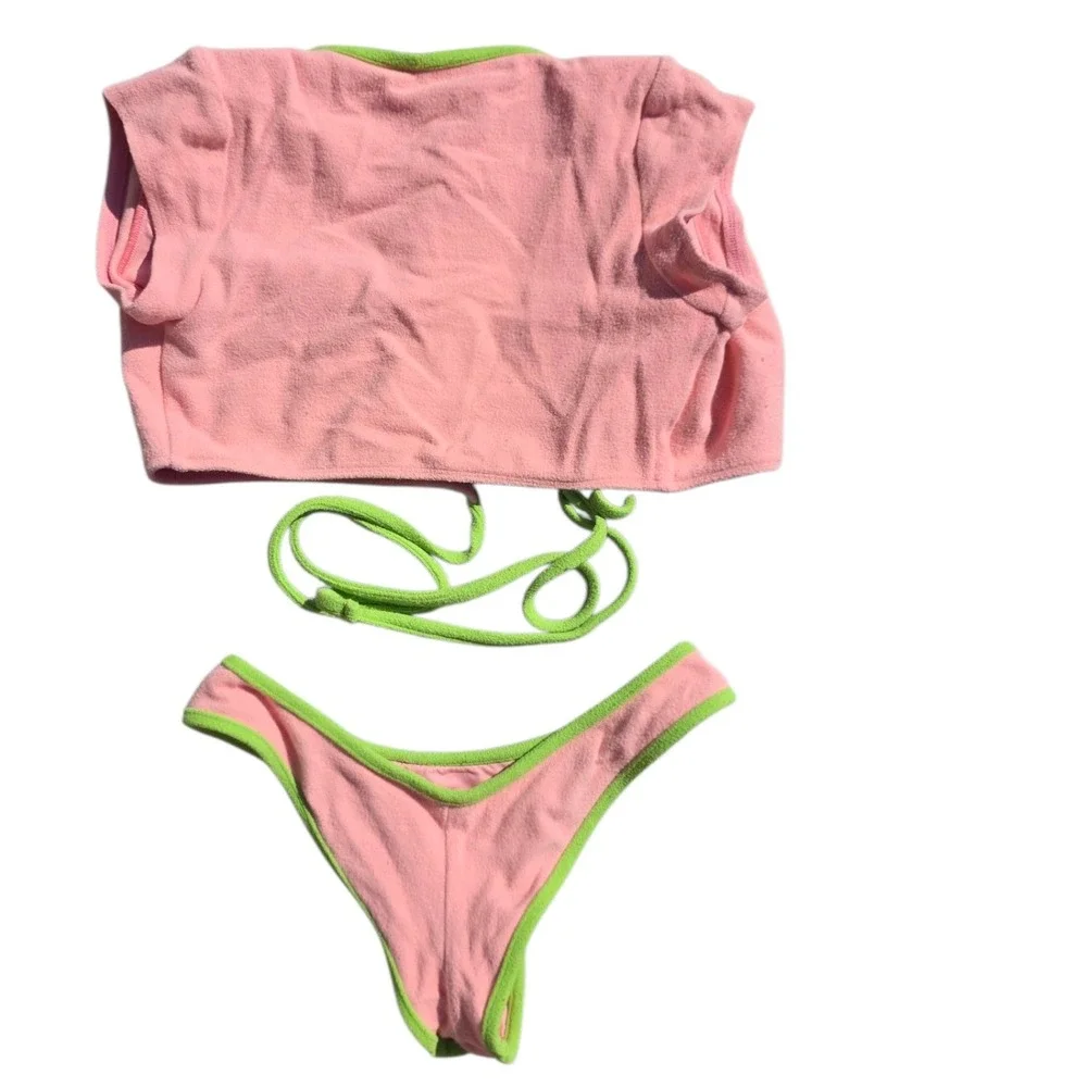 Frankies Bikinis Soleil Terry Tie Front Thong Bikini Set Green Trim Swimsuit